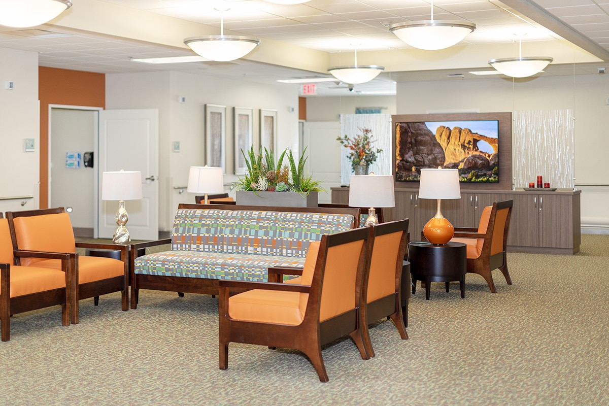 Hotel-style lobby with several options for seating.