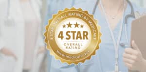 Medicare 4 star overall rating logo with nurses in the background.